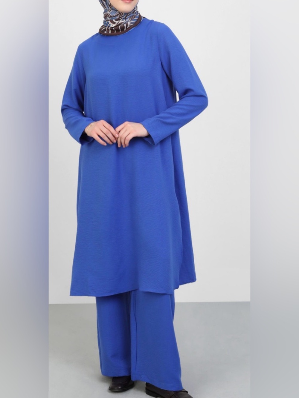 Blue Modest Tunic Set - Women's Long Sleeve Top and Wide Leg Pants coord set